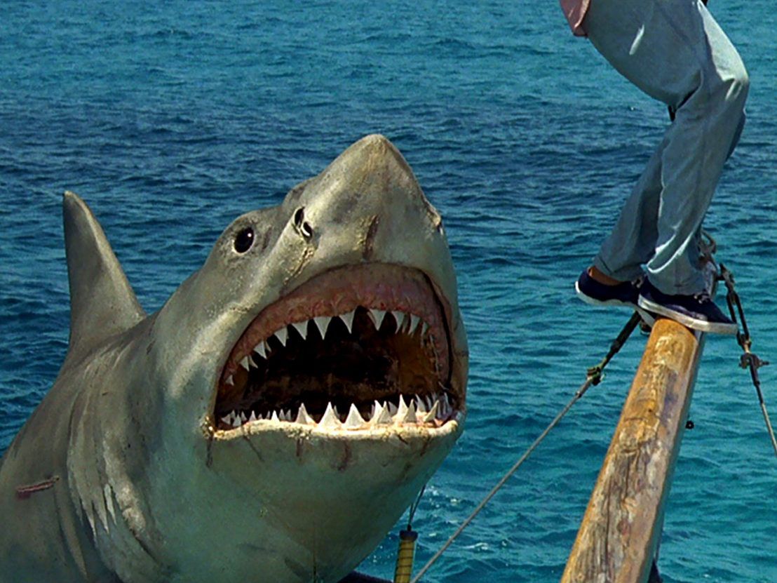Un grande squalo bianco si lancia verso un uomo in piedi su un palo di legno in Jaws: The Revenge.