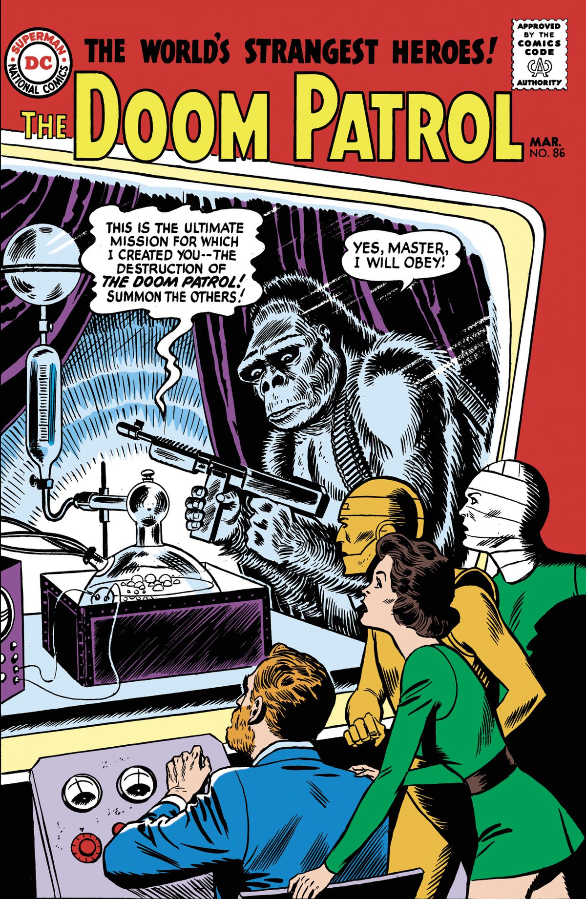 The Doom Patrol — il paraplegico Dr. Caulder, Elastigirl, Robotman e l'Uomo Negativo, guarda come, su uno schermo televisivo gigante, un gorilla con una mitragliatrice prende ordini da un cervello in un barattolo sulla copertina di Doom Patrol #1 (1964).