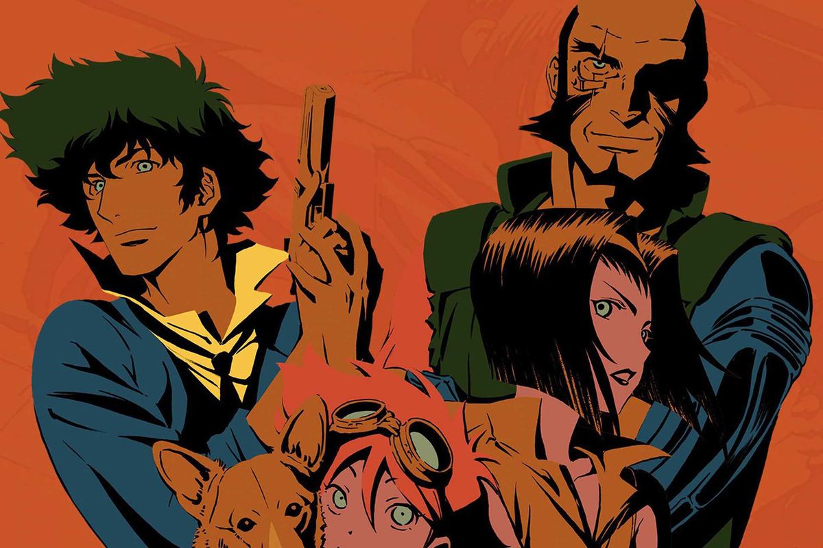 (LR) Spike Spiegel, Ein, Ed, Faye Valentine e Jet Black da Cowboy Bebop (1998)
