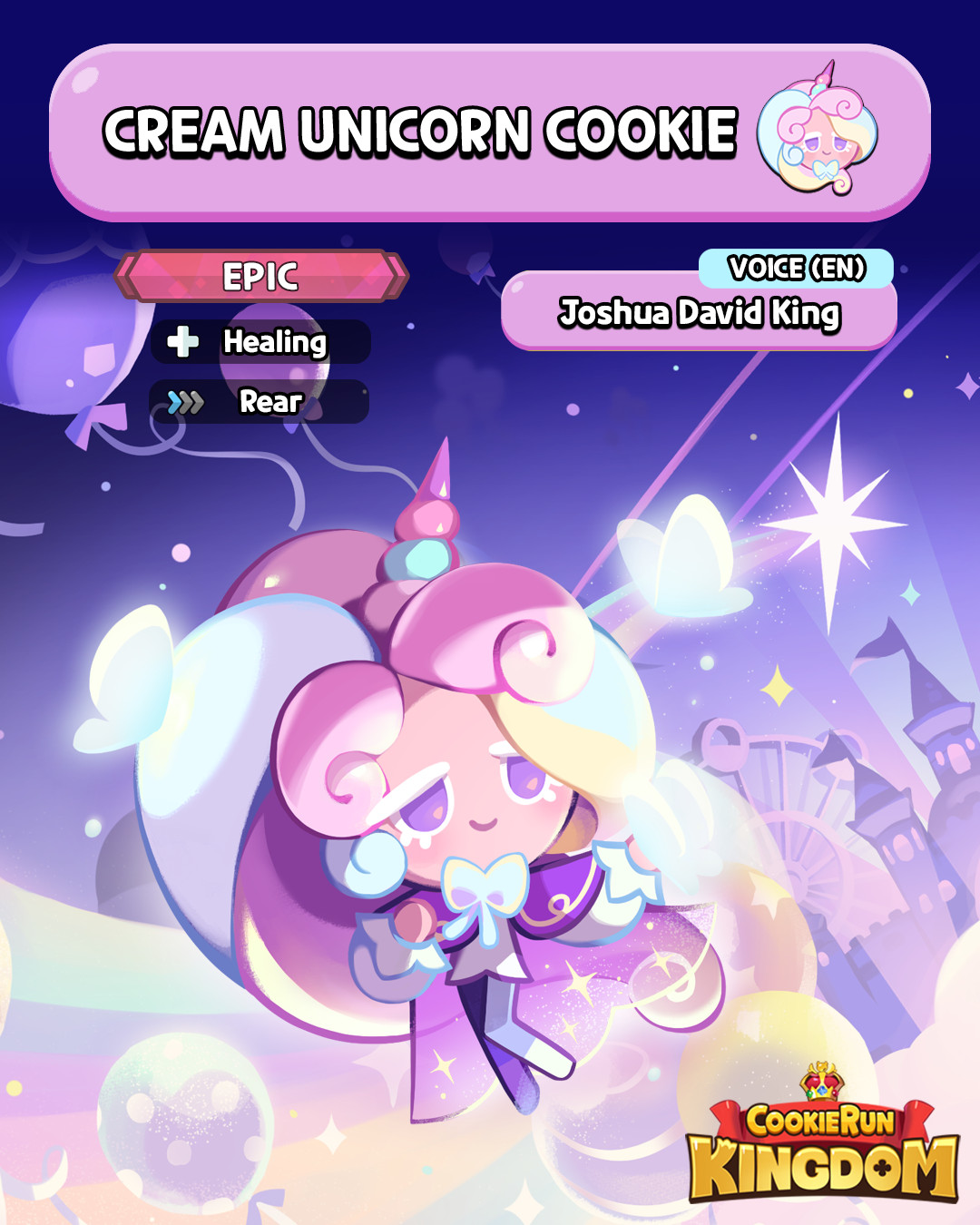 arte del personaggio per biscotto unicorno crema. il biscotto ha un adorabile design rosa e indossa un corno di unicorno e un grande fiocco.