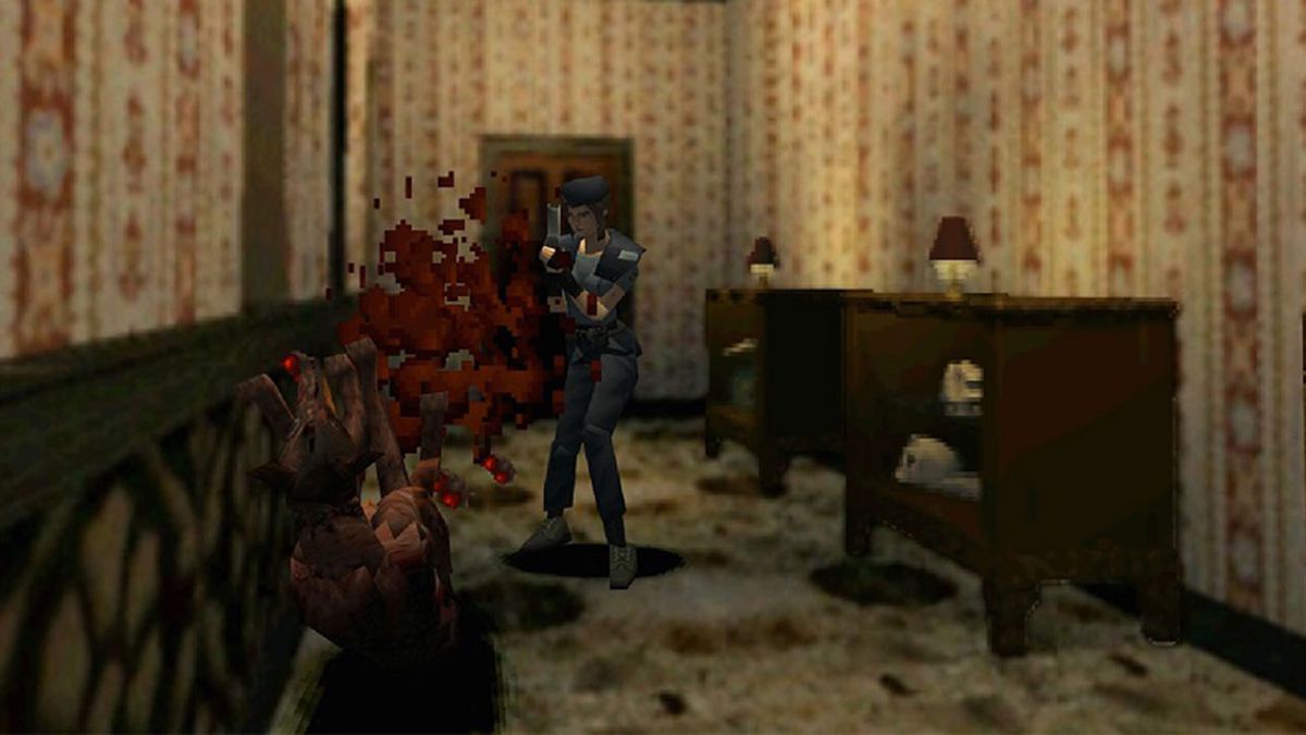 Screenshot di Jill Valentine che combatte un cane in un corridoio in Resident Evil (1996).