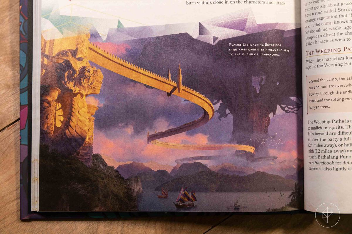 Un tortuoso ponte di pietra serpeggia nell'aria, senza supporto, per letteralmente miglia sotto un albero gigantesco.