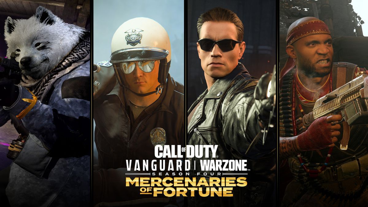 Uno stendardo per Call of Duty: Warzone e Vanguard stagione 4, Mercenaries of Fortune, che mostra la skin Samoiedo leale e Terminator T-1000 e T-800