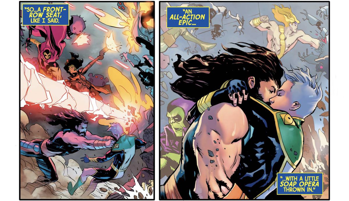 Hercules si lancia in una battaglia per afferrare Marvel Boy per i risvolti e baciarlo in Guardians of the Galaxy # 6 (2020).