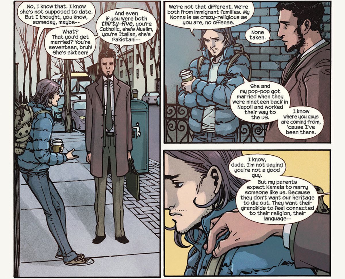 Aamir parla con Bruno del divario culturale tra lui e Kamala e delle aspettative che la sua famiglia ha per lei in Ms. Marvel # 14 (2015).