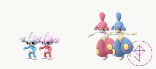 Shiny Meditite e Medicham con le loro forme regolari. Meditite diventa rosa da blu e Medicham diventa blu da rosa.