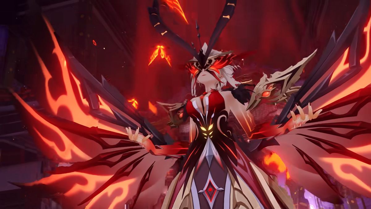 La Signora nei panni della sua forma di fuoco in Genshin Impact