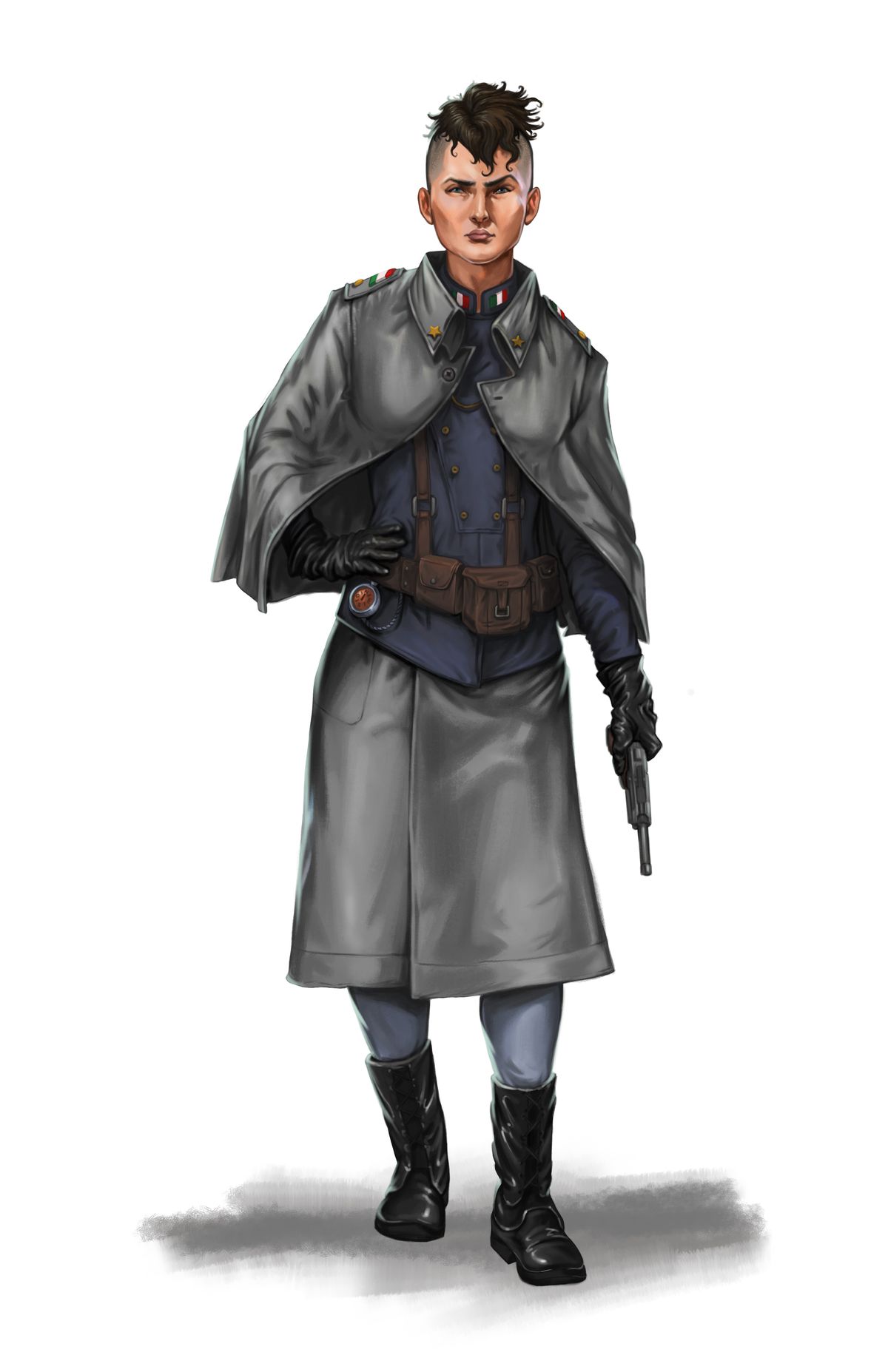 Un capitano francese con un berretto largo, una pistola al fianco. I lati della sua testa sono rasati e fissa audacemente la telecamera con una mano sul fianco.