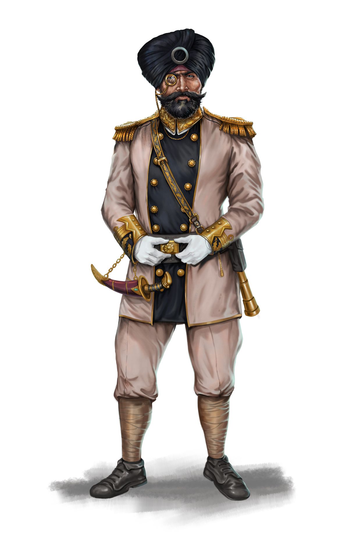 Un uomo sikh con spallacci e polsini dorati, un pugnale ricurvo e un cannocchiale sul fianco. Indossa coprigambe su semplici scarpe da contadino e indossa un monocolo.