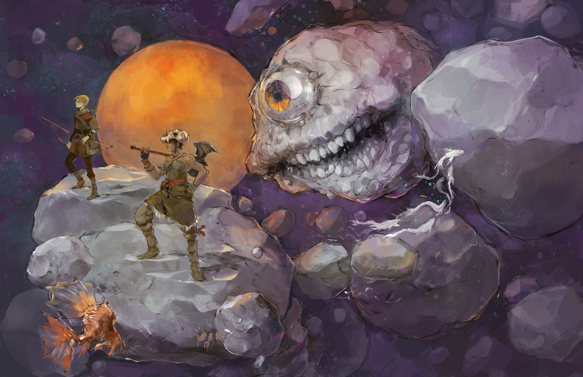 Gli avventurieri stanno su frammenti galleggianti di asteroidi mentre uno spettatore simile a una roccia si avvicina di soppiatto a loro.