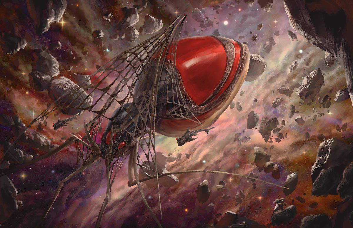 Un ragno notturno neogi che attraversa un campo di asteroidi vicino a una nuvola stellare.