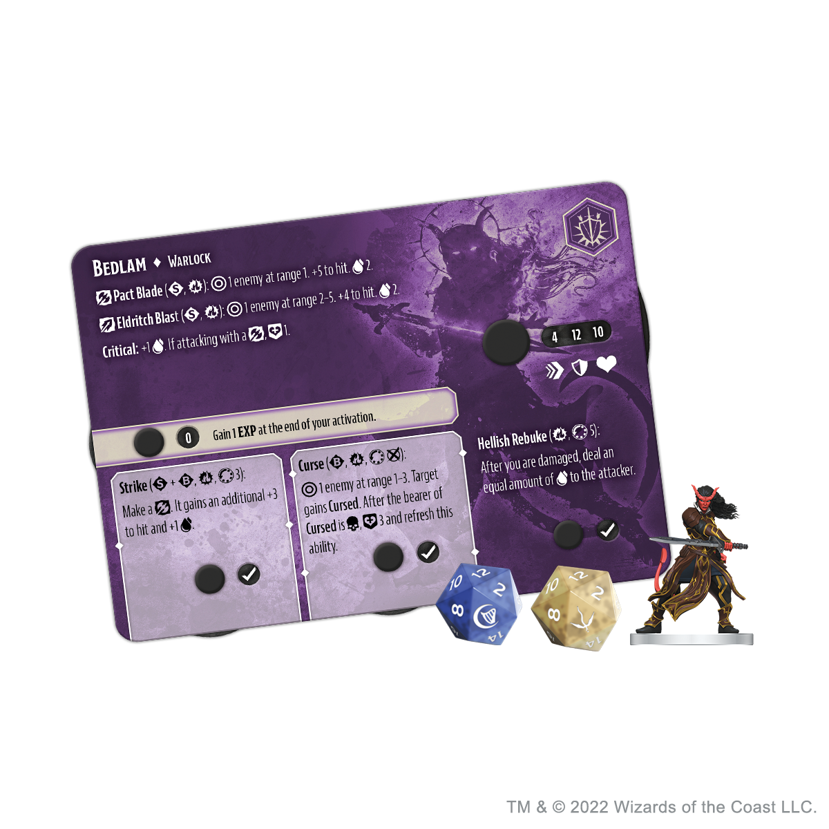 A D&D: carta personaggio Assalto, una coppia di dadi a venti facce e una miniatura tiefling