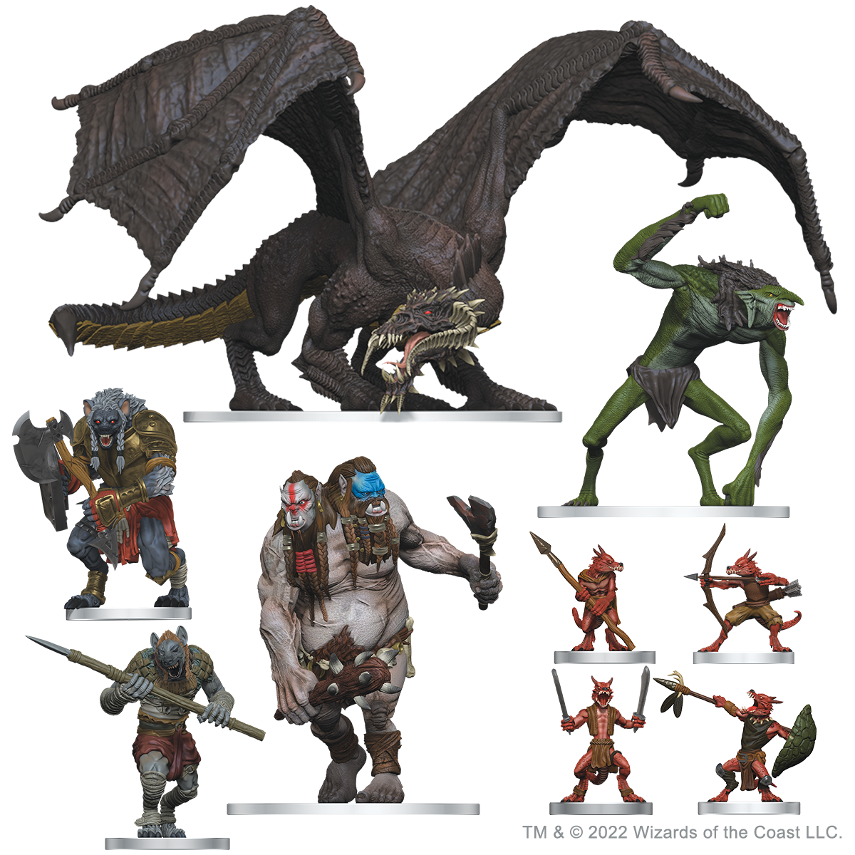 Nove miniature di mostri di D&D: Onslaught tra cui un drago nero, due gnoll, un ettin, un troll e quattro coboldi.
