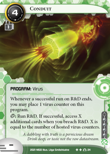 Il condotto ĆØ un virus. Mostra un pezzo di codice vagamente a forma di virus che viene rilasciato dalle mani di un netrunner.