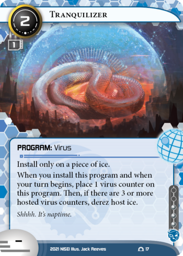 Un serpente che riposa all'interno di una cupola di vetro. Il titolo della carta ĆØ Tranquilizer, ed ĆØ un virus.