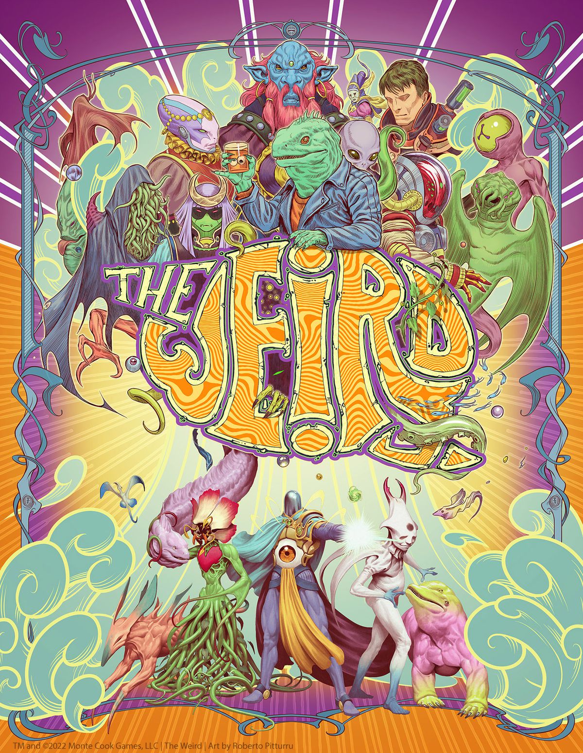 Cover art per The Weird, che mostra ogni sorta di strane bestie, inclusi mostri simili a Cthulhu, un alieno, robot e varie lucertole. La tavolozza dei colori è molto Monty Python.