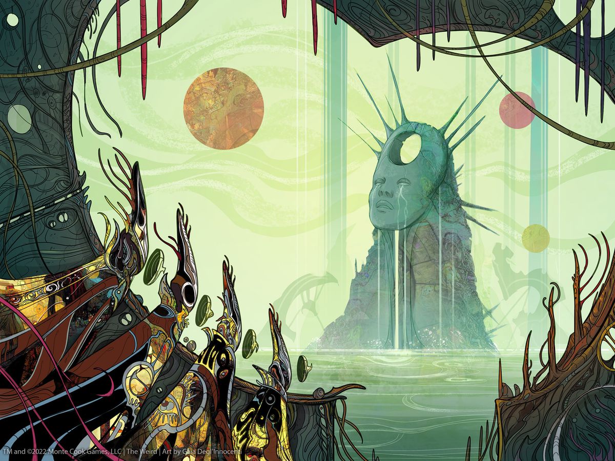 Forme umanoidi, un incrocio tra coralli ed eteree forme elfiche in dettagliati mantelli tessili, stanno in fila contro una finestra a forma di cuore. Le maschere galleggiano davanti ai loro volti. In lontananza si erge un monumento piangente, un volto femminile che presenta un buco sulla fronte. Tre pianeti giù nel cielo.