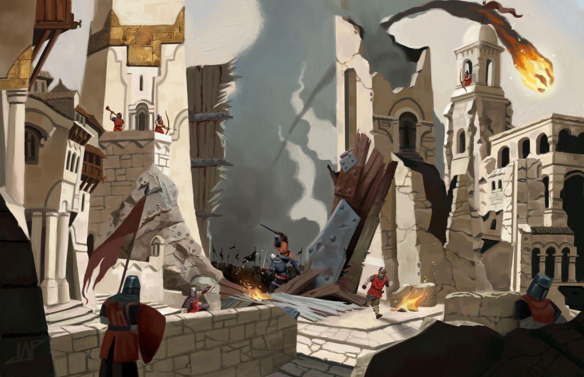 Le porte del castello sono crollate, un capitano conduce il suo esercito. Le guardie fanno saltare in aria, si stanno preparando e colpiscono gli archi mentre detriti fiammeggianti piovono all'interno del castello.