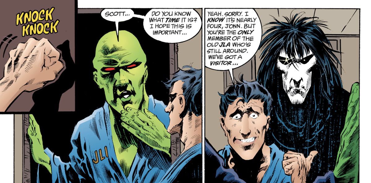 Mister Miracle/Scott Free sveglia nervosamente il Martian Manhunter alle quattro del mattino, per presentarlo al loro visitatore, Dream of the Endless, in The Sandman # 5 (1989).