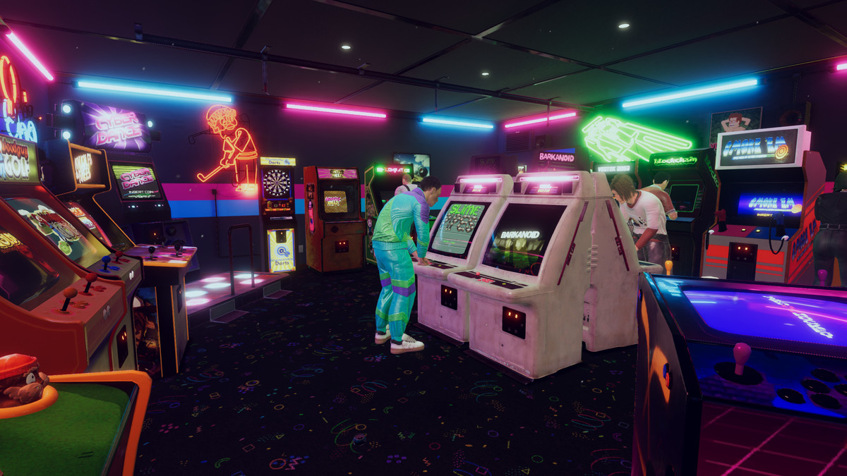 Una vivace sala giochi illuminata al neon in Arcade Paradise