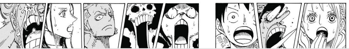 Un lungo pannello manga rettangolare in bianco e nero che mostra i membri della ciurma di Cappello di Paglia che reagiscono a notizie scioccanti. Guardano tutti con gli occhi spalancati e la bocca aperta. Puoi vedere sudore e lacrime che scendono da alcuni di loro. Alcuni personaggi, come Tony Tony Chopper e Ussopp, hanno gli occhi strani.