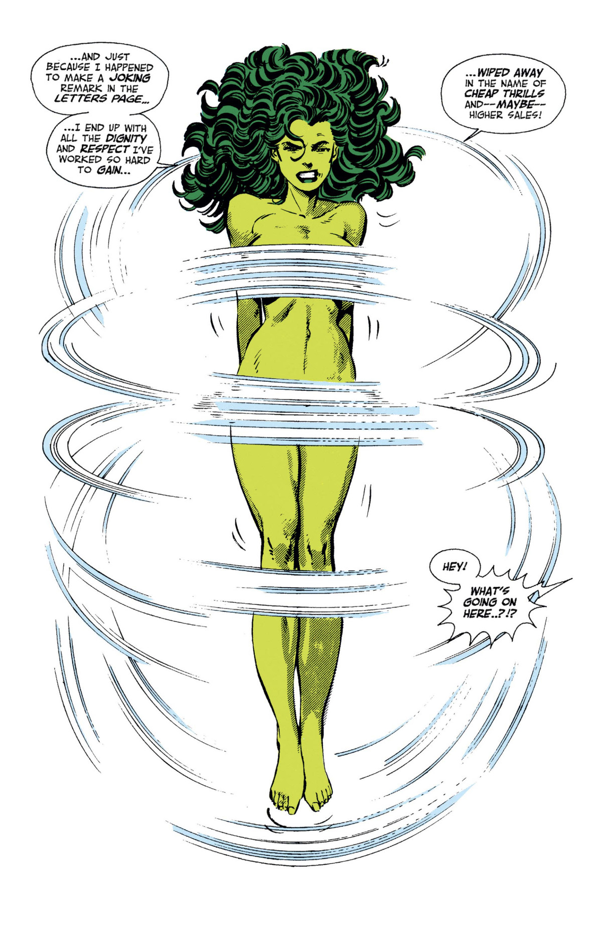 She-Hulk salta la corda mentre è nuda, la velocità delle corde le oscura il seno e l'area pubica, mentre si lamentava 