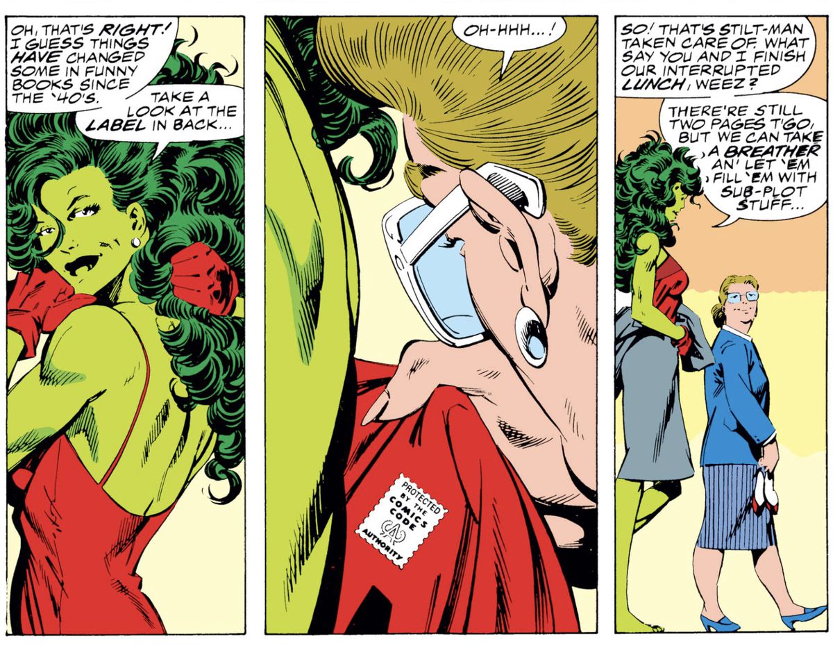 She-Hulk spiega che il motivo per cui i suoi vestiti non vengono mai completamente distrutti in un combattimento è che sono approvati dal Comics Code in The Sensational She-Hulk (1989).