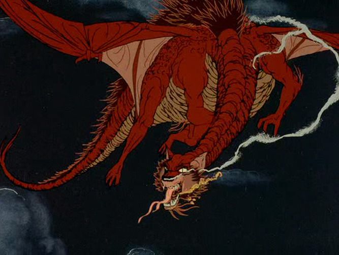 Smaug vola con la bocca aperta nell'animazione Lo Hobbit