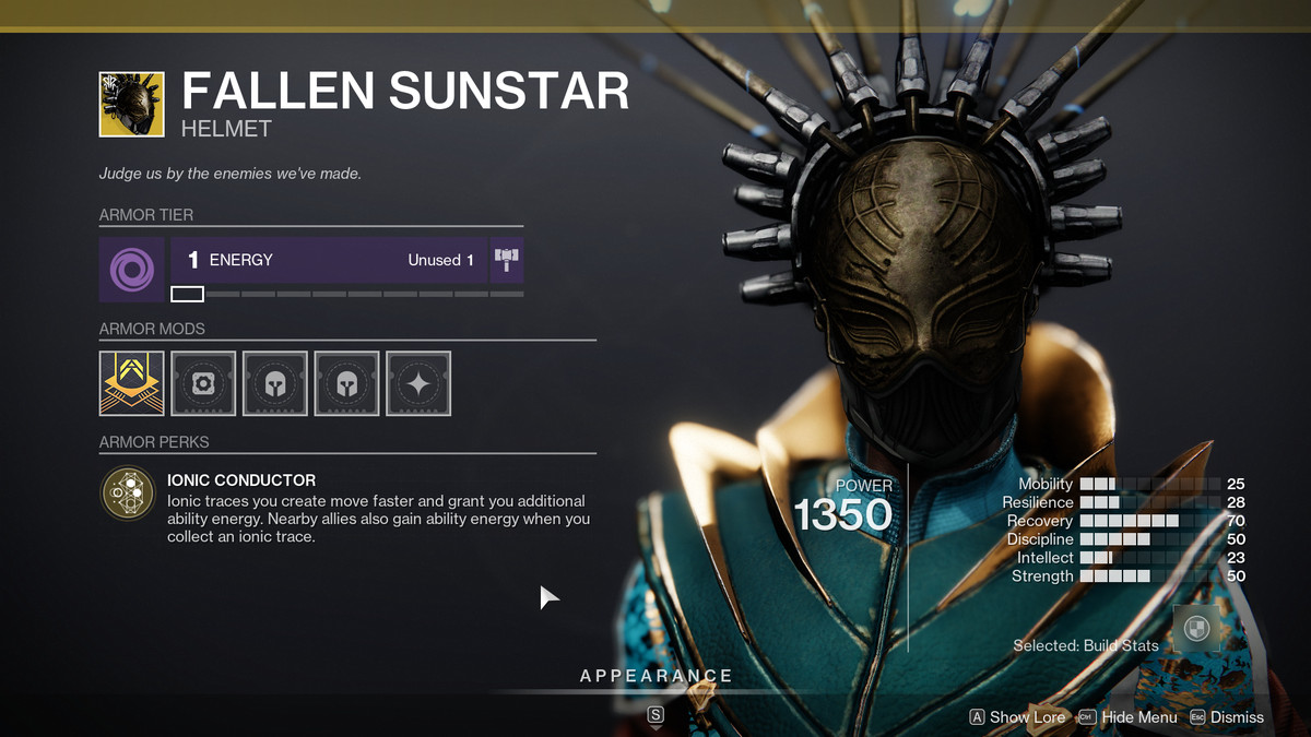 Il menu esotico per l'elmo Fallen Sunstar Warlock per Destiny 2: Season of Plunder