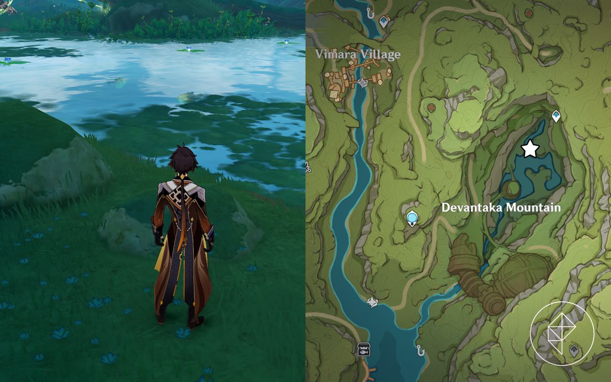 Zhongli si trova di fronte a un'acqua più muschiosa in una zona montuosa