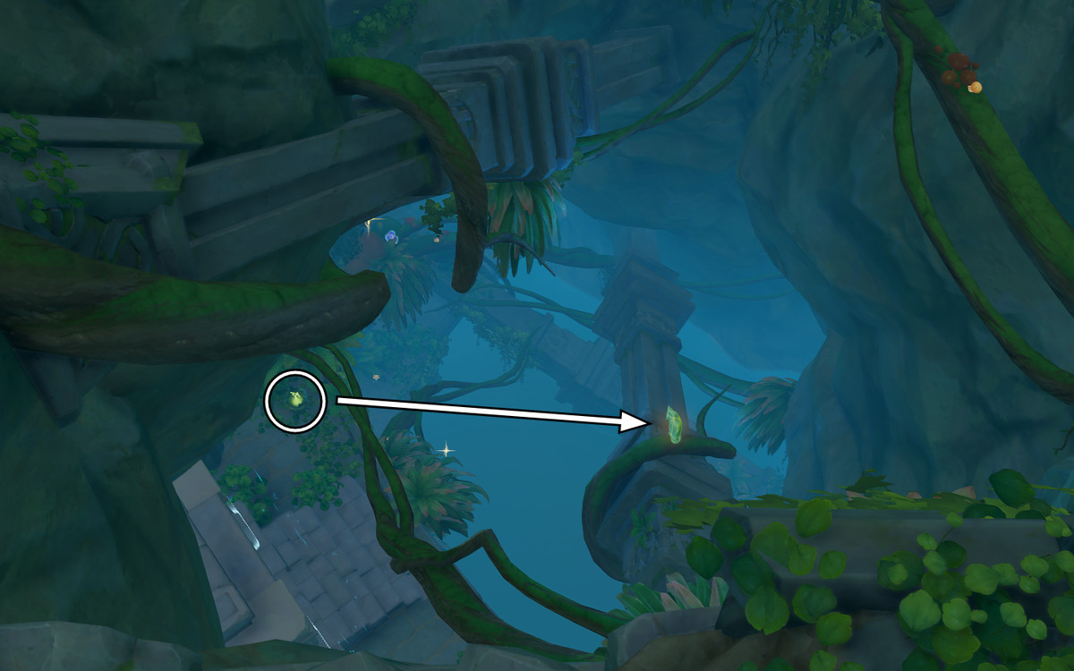 Sporgenza su cui scendere con il dendrogranum cerchiato e il bersaglio segnato.  Aprire la caverna di Genshin.