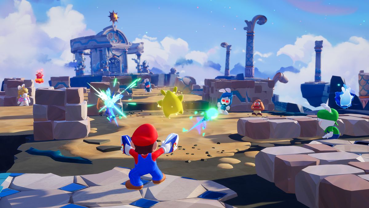 Mario spara un laser blaster contro i nemici in Mario + Rabbids Sparks of Hope
