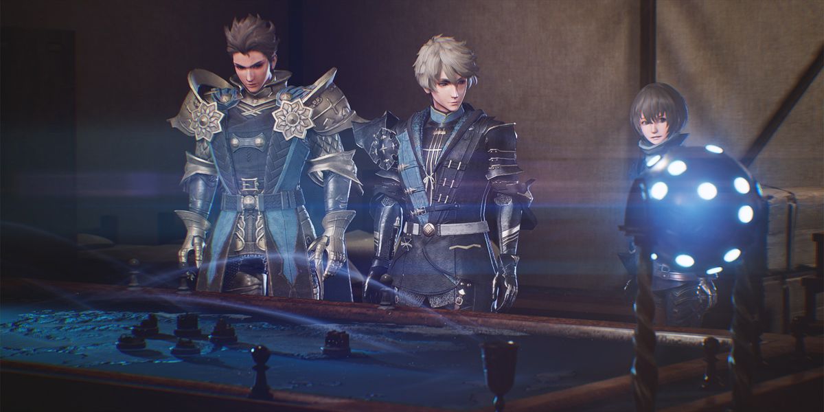 Gli eroi di The DioField Chronicle osservano una mappa tattica illuminata da una sfera luminosa