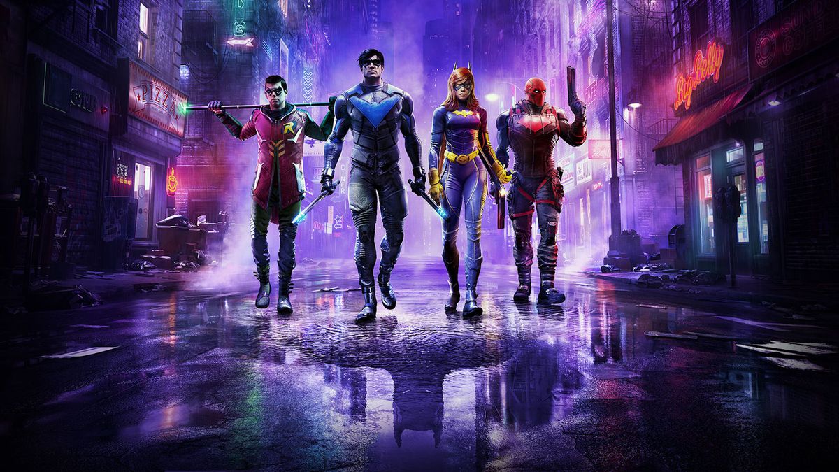 Robin, Nightwing, Batgirl e Cappuccetto Rosso camminano lungo un vicolo bagnato nelle opere d'arte di Gotham Knights