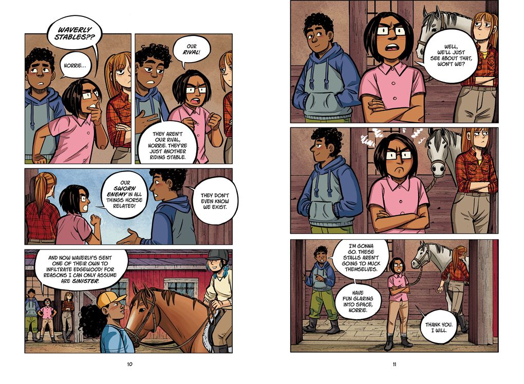 Tre ragazzi discutono del misterioso nuovo cavaliere nella loro scuderia. Norrie è umoristicamente sospettosa di chiunque provenga da Waverly Stables