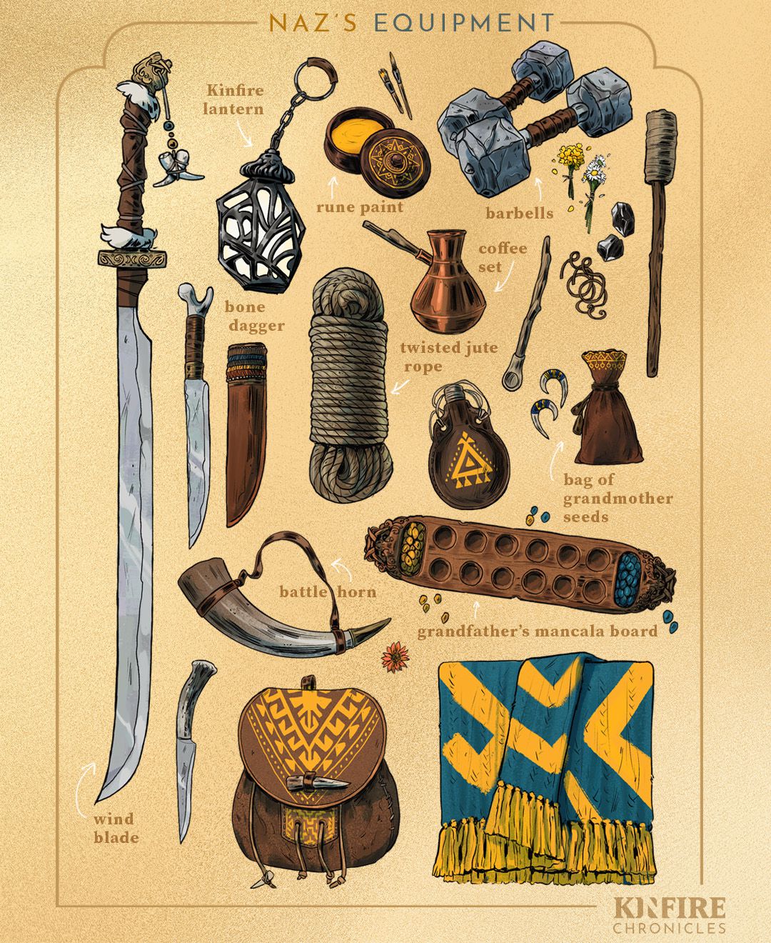 L'equipaggiamento di Naz include una tavola di mancala e un sacchetto di semi di sua nonna.