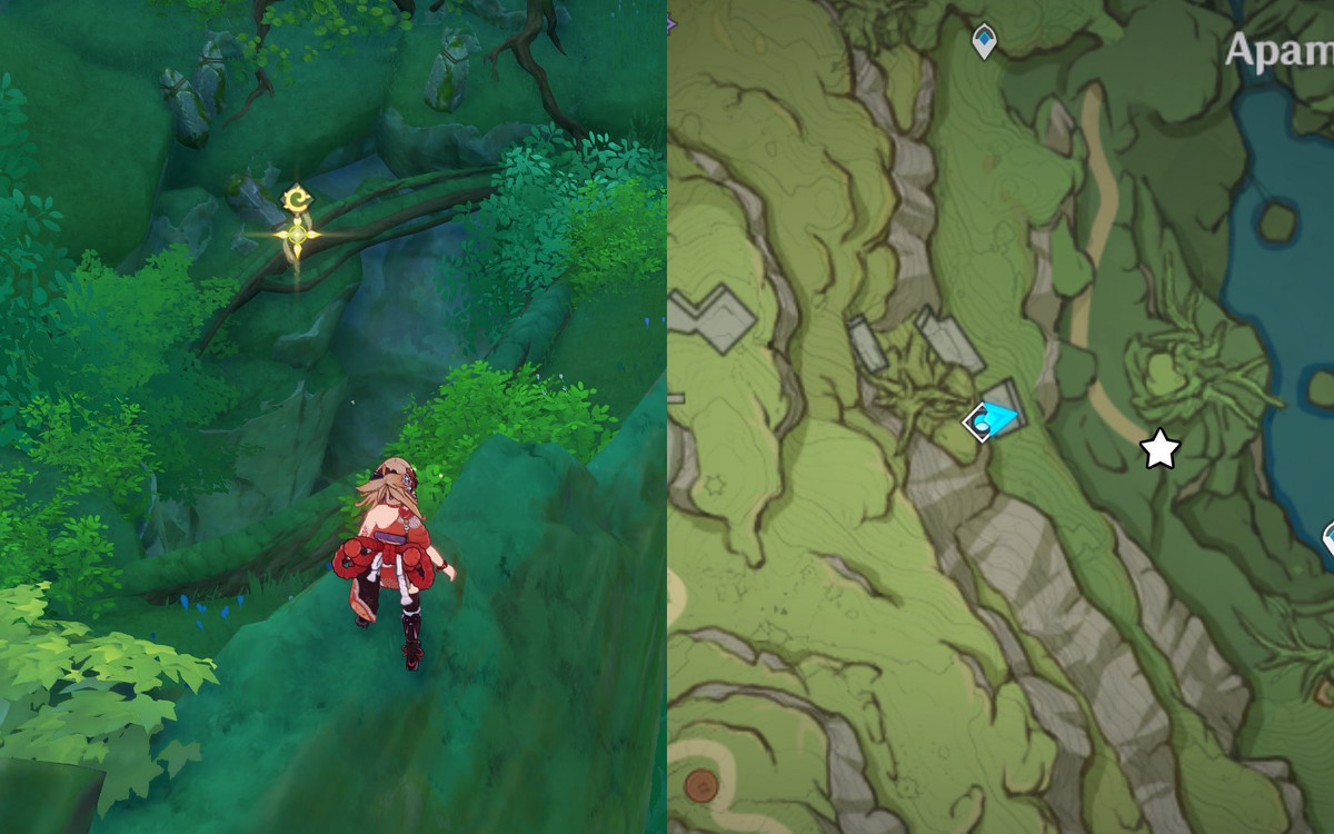 Ragazza con papillon rosso che esamina un buco nel terreno con la sua posizione segnata su una mappa con una stella.