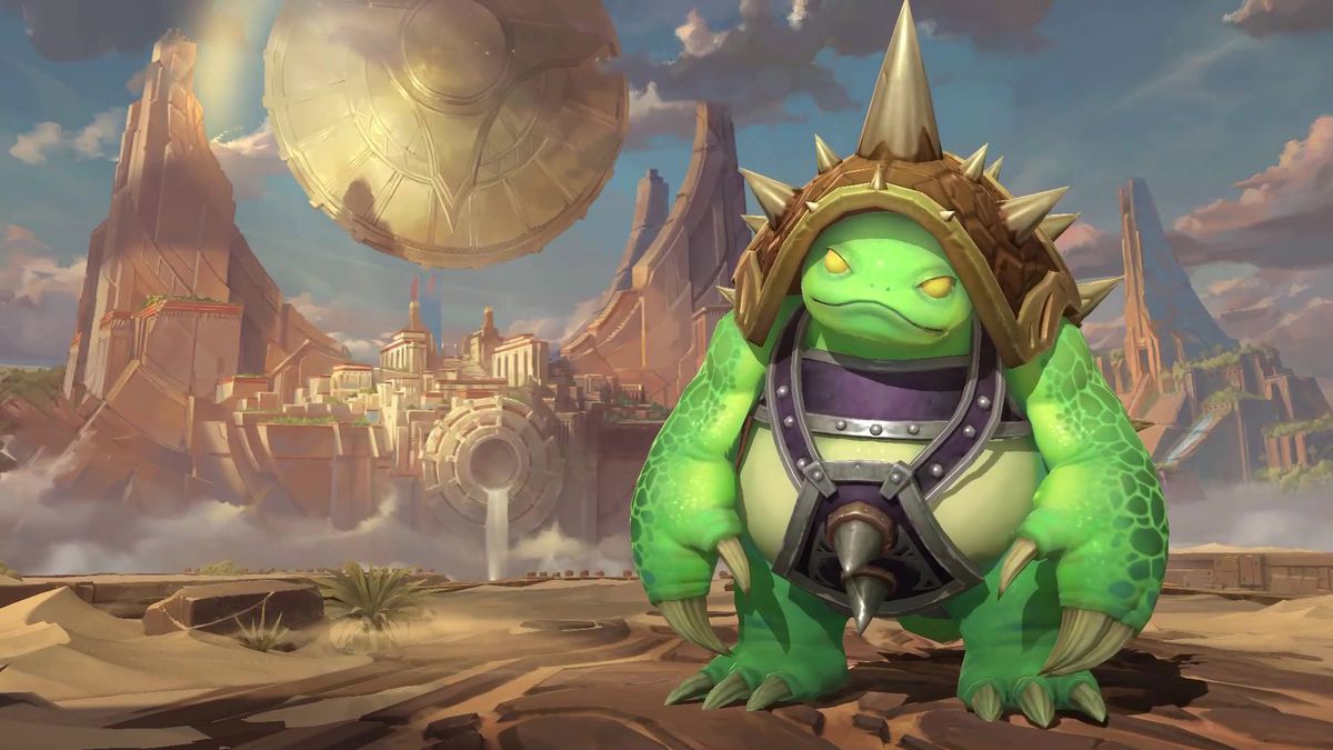 League of Legends: Wild Rift - Rammus, l'Armordillo, è una grande lucertola sciocca con un guscio a spillo. Sta di fronte al Disco Solare di Shurima, sembra innocente e carino.