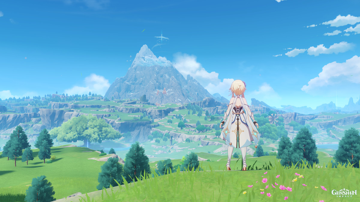 Lumine, dall'impatto di Genshin, fissava il paesaggio davanti a lei. lei è su un belvedere che mostra mondstadt e dragonspine.