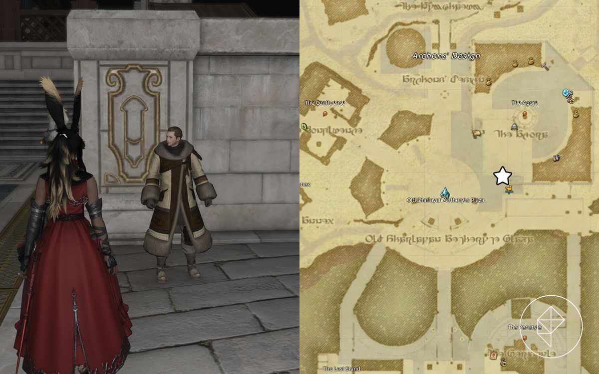 Una Viera si trova di fronte a un uomo confuso con un cappotto spesso in Old Sharlayan in FFXIV