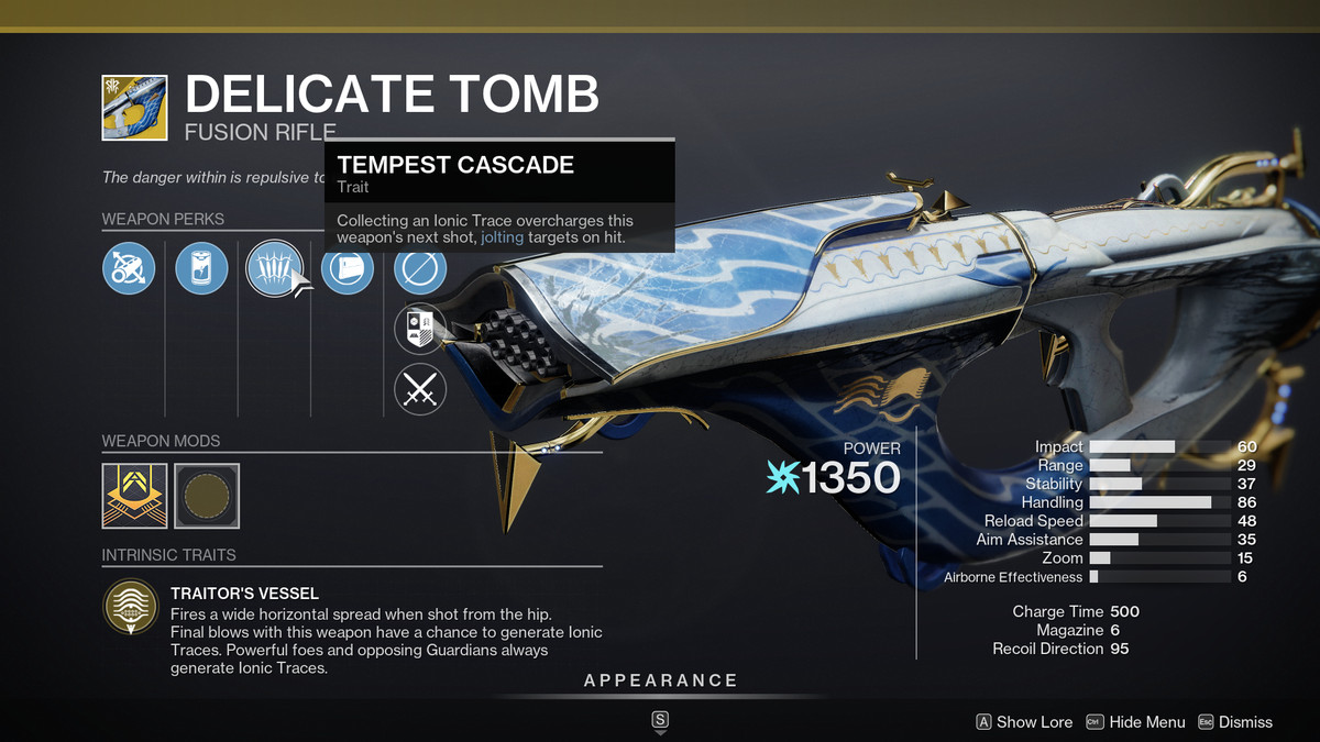Il menu Esotico per il fucile a fusione esotica Tomba Delicata in Destiny 2: Stagione del Saccheggio