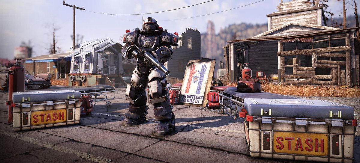 Fallout 76 - The Responders, un'utile fazione nel gioco, rappresentata da un soldato in armatura potenziata accanto a un cartello con la scritta