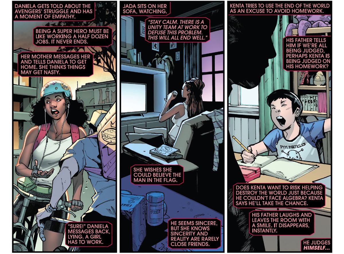 Tre pannelli mostrano tre persone normali che vivono gli eventi del crossover del Giorno del Giudizio, un addetto alle consegne che continua a lavorare nonostante il pericolo, una donna che guarda le notizie ed è scettica nei confronti dei supereroi e un ragazzo che cerca di smettere di fare i compiti perché il il mondo sta finendo in AXE: Judgment Day #3 (2022).