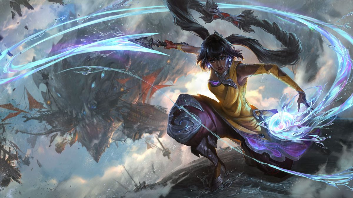 League of Legends - Nilah, la gioia sfrenata, è una donna agile con capelli scuri, pelle marrone e una magica frusta d'acqua. Sullo sfondo, un enorme demone squarcia lo scenario.