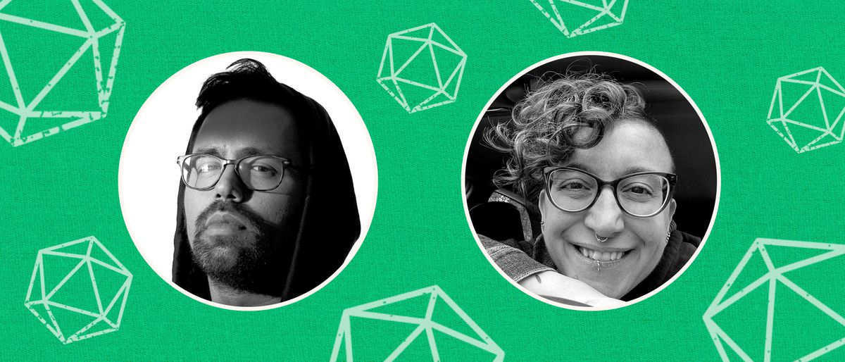 Due ritratti in bianco e nero su sfondo verde.