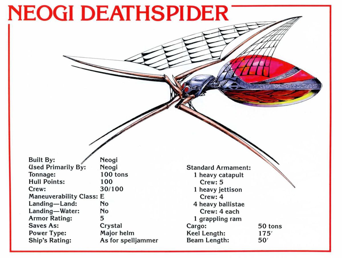 Statistiche per l'originale neogi deathspider, da Spelljammer: Adventures in Space del 1989.  Elenca un equipaggio di 11 persone e un raggio di 50'.