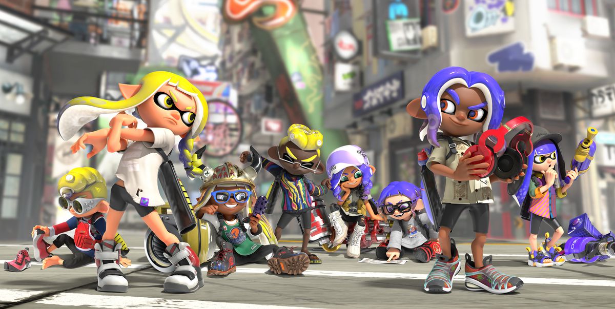 Inklings e Octolings si affrontano in una strada cittadina nell'opera d'arte di Splatoon 3