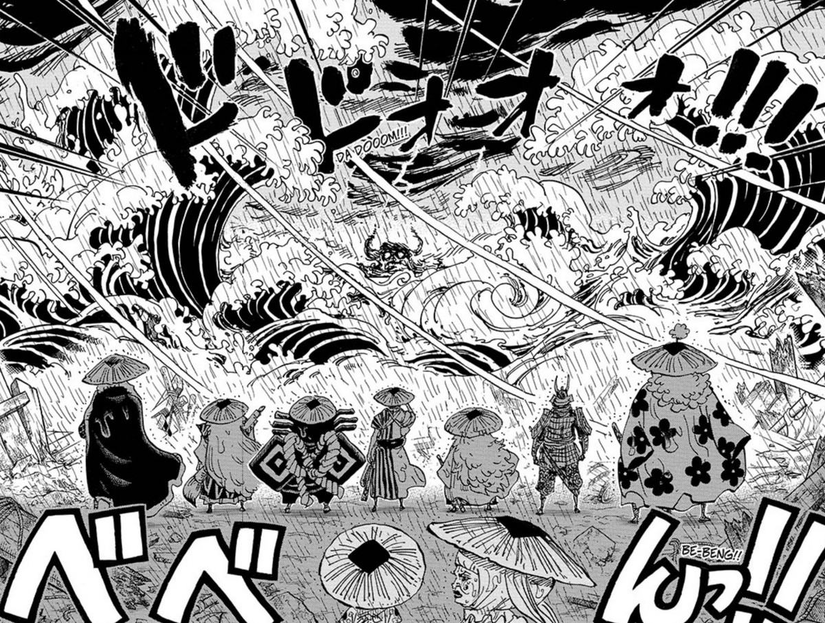 Un pannello manga in bianco e nero di One Piece. L'immagine mostra un disegno dettagliato di sette personaggi che fissano un oceano in tempesta. Hanno le spalle rivolte al lettore e ognuno ha questo vestito. Il lavoro in linea sovrappone molti dettagli uno sopra l'altro mostra onde giganti che si infrangono, vento che ulula e pioggia. C'è un testo in grassetto nel carattere giapponese che dice l'effetto sonoro: Beb-beng!! per indicare il mare in tempesta. In lontananza si intravede un'isola a forma di teschio con le corna.