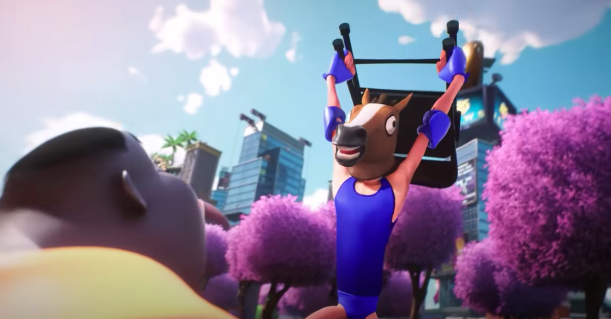 un wrestler professionista in stile cartone animato, che indossa una maschera da testa di cavallo, si prepara a colpire qualcuno in testa con una sedia pieghevole