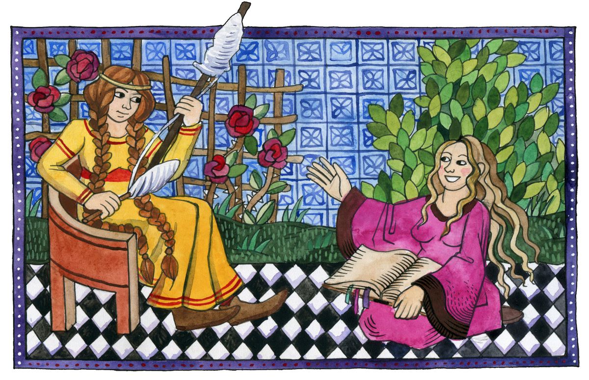 Due nobili donne, una che trasforma in filo bastoncini di cotone e l'altra che le legge. Sono resi nello stile dei marginalia medievali.